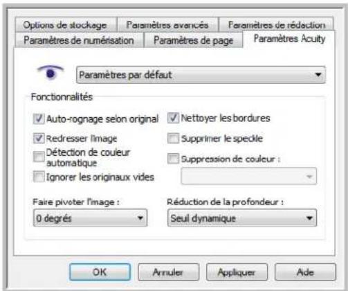 Options de stockage Paramètres avancés Paramètres de réduction Paramètres de numérisation Paramètres de page Paramètres Acuity Paramètres par défaut Fonctionnalités ✓ Auto-rognage selon original ✓ Redresser l'image ☐ Détection de couleur automatique ☐ Ignorer les originaux vides ✓ Nettoyer les bordu…