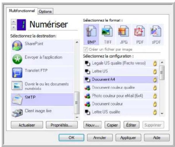 Multifonctionnel Options Numériser Sélectionnez la destination: SharePoint Envoyer à l'application Transfert FTP Ouvrir le ou les documents numériés SMTP Client image fixe Actualiser Propriétés... Sélectionnez le format : BNP TIFF JPG PDF sPDF Créer un fichier par image Sélectionnez la configuration…