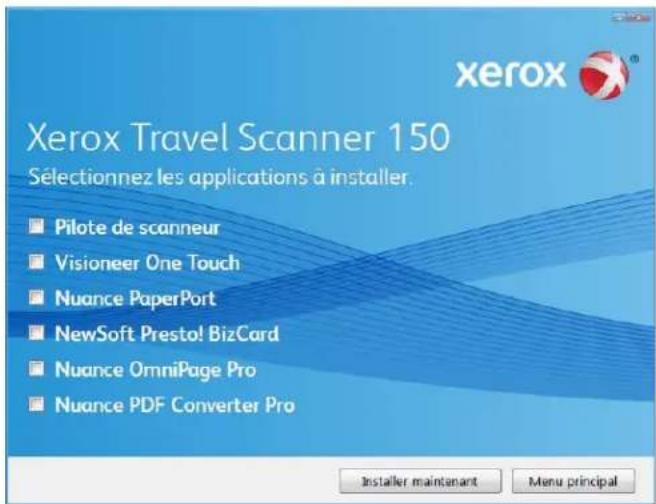 Xerox Travel Scanner 150 Sélectionnez les applications à installer. Pilote de scanneer Visioneer One Touch Nuance PaperPort NewSoft Presto! BizCard Nuance OmniPage Pro Nuance PDF Converter Pro Installer maintenant Menu principal