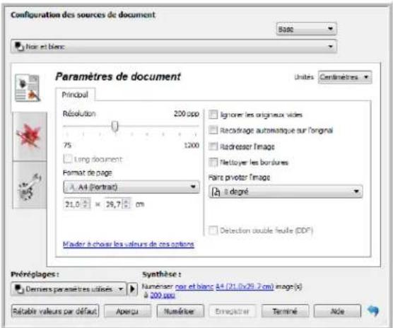 Configuration des sources de document 5386 Hair et blanc Paramètres de document Principale Résolution 200 osp 75 1200 Long document Format de page A. A4 (Portrait) 21,0 x 26,7 cm Marker à choisir les values de ces options Ignorer les origineux vides Recadrage automatique sur l'original Radresser Ima…