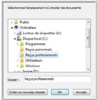Sélectionnez f'emplacement où stocker les documents Public Ordinateur Lecteur de disquettes (Au) Disque local (C:) Programmes Reçus personnels Reçus professionnels Utilisateurs Windows Image (D:) Dossier : Reçus professionnels Créer un nouveau dossier OK Annuler