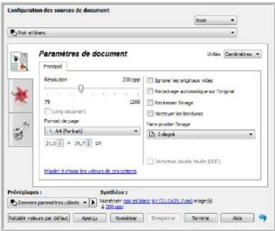 Configuration des sources de document Base Foir et blanc Paramètres de document Unités Continuérêts Principel Résolution 200 ppp 75 1200 Long document Format de page A A4 (Portrait) 21,0 25,7 On Signer les originaux viles Recadrage automatique sur l'original Redresser l'image Rettouyer les bordures…