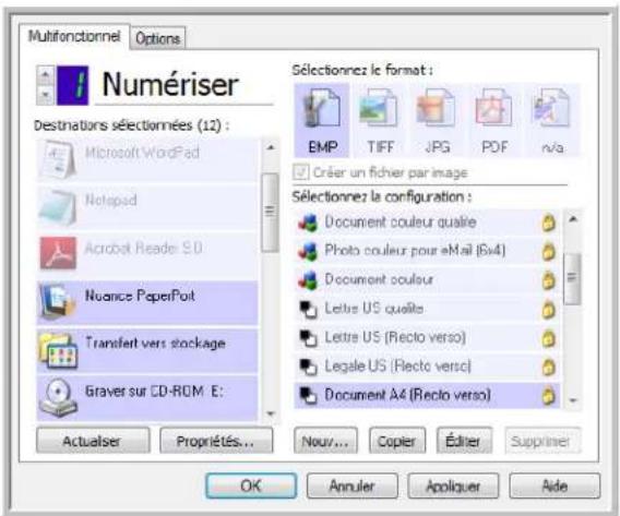 Multifonctionnel Options Numériser Destinations sélectionnées (12) : Microsoft WordPad Notepad Acrobat Reader S.D Nuance PaperPort Transfert vers stockage Graver sur CD-ROM E: Actualiser Propriétés... Sélectionnez le format : EMP TIFF JPG POF n/a Créer un fichier par image Sélectionnez la configurat…