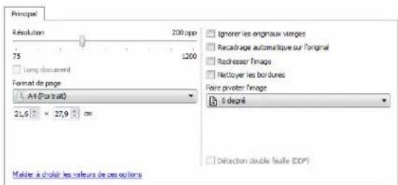 Principel Résolution 200 app 75 L200 Long document Format de page A4 (Portrait) 21,6 × 27,9 cm Méder à choisir les valeurs de ces options Ignorer les engraux vierges Recadrage automatique sur l'original Radresser Image Nectoyer les bordures Faire privater l'image à été Déction double fauite (DDP)