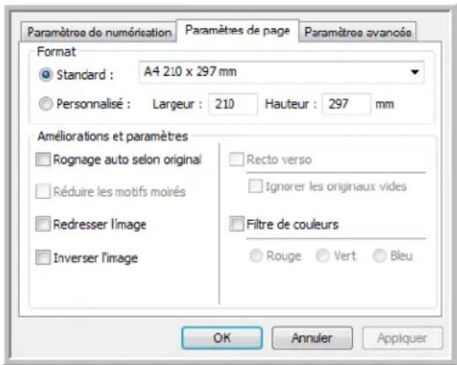 Paramètres de numérisation Paramètres de page Paramètres avanose Format Standard : A4 210 x 297 mm Personnalisé : Largeur : 210 Hauteur : 297 mm Améliorations et paramètres Rognage auto selon original Réduire les motifs moirés Redresser l'image Inverser l'image Recto verso Ignorer les originaux vide…