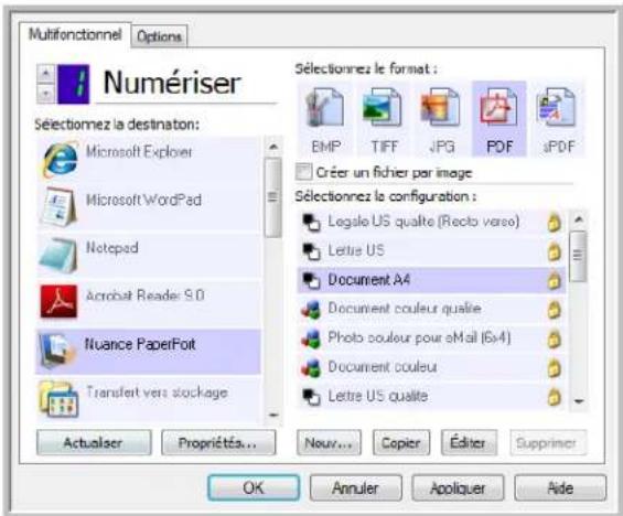 Multifonctonnel Options Numériser Sélectionnez la destinaton: Microsoft Explorer Microsoft WordPad Notepad Acrobat Reader S.D Nuance PaperPort Transfer vers stockage Actualser Propriétés... Sélectionnez le format : EMP TIFF JPG PDF PDF Créer un fichier par image Sélectionnez la configuration : Legal…