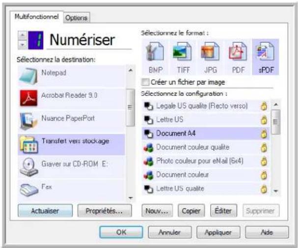 Multifonctionnel Options Numériser Sélectionnez la destination: Notepad Acrobat Reader 3.0 Nuance PaperPort Transfet vers stockage Giaver sur CD-ROM E: Fax Actualiser Propriétés... Sélectionnez le format : BMP TIFF JPG PDF sPDF Créer un fichier par image Sélectionnez la configuration : Legale US qua…
