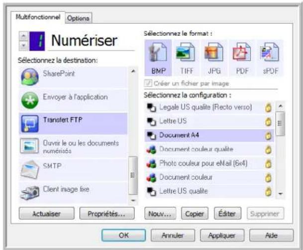 Multifonctionnel Options Numériser Sélectionnez la destination: SharePoint Envoyer à l'application Transfert FTP Ouvrir le ou les documents numériés SMTP Client image fixe Actualiser Propriétés... Sélectionnez le format : BNP TIFF JPG PDF sPDF Créer un fichier par image Sélectionnez la configuration…