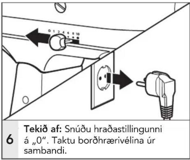 6 Tekið af: Snúðu hraðastillingunni á „0“. Taktu borðhrærivélina úr sambandi.