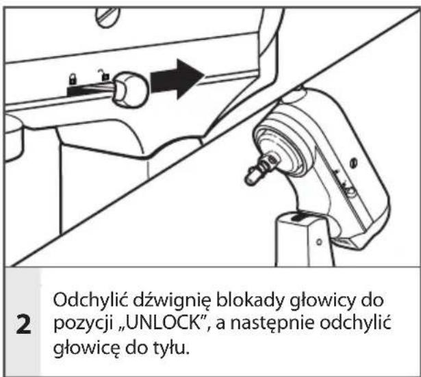 2 Odchylić dźwignię blokady głowicy do pozycji „UNLOCK”, a następnie odchylić głowicę do tyłu.