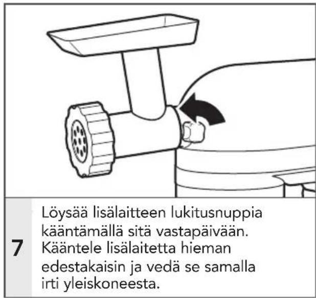 Löysää lisälaitteen lukitusnuppia kääntämällä sitä vastapäivään. Kääntele lisälaitetta hieman edestakaisin ja vedä se samalla irti yleiskoneesta.