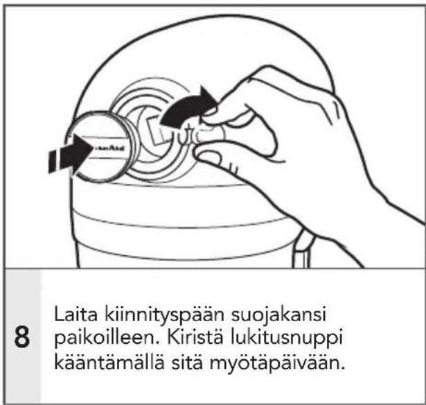 8 Laita kiinnityspään suojakansi paikoilleen. Kiristä lukitusnuppi kääntämällä sitä myötäpäivään.
