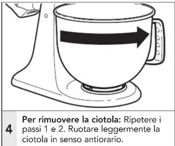 4 Per rimuovere la ciotola: Ripetere i passi 1 e 2. Ruotare leggermente la ciotola in senso antiorario.