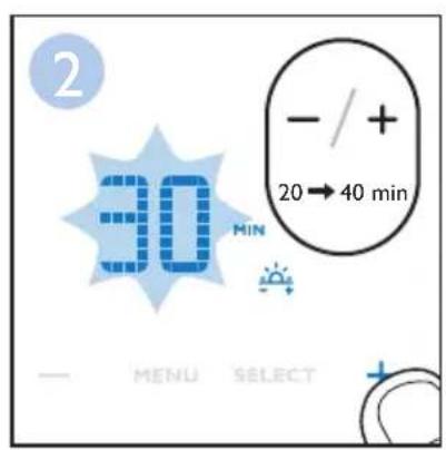 2 30 MIN - / + 20 → 40 min — MENU SELECT +