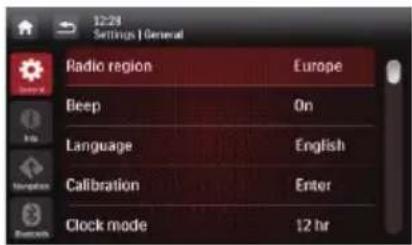 12:28 Settings | General Radio region Europe Beep On Language English Calibration Enter Clock mode 12 hr