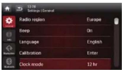 12:38 Settings | General Radio region Europe Beep On Language English Calibration Enter Clock mode 12 hr