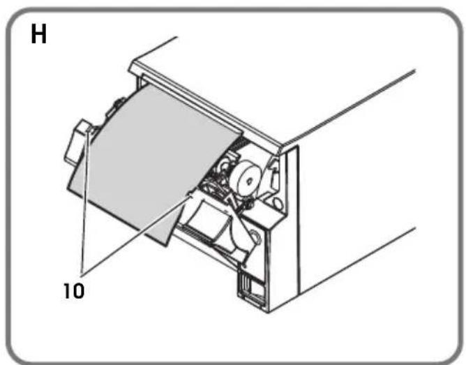 Technical line drawing of a mechanical device with labeled components (H and 10), no readable text or symbols beyond labels