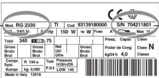 Mod. RG 2330 TI Cod. 93139180000 S/N 704211801 50 - 240 V- 5 Hz 150 W 40 W Fuse A Max 15 Total 340 75 Gross Bruto Brut Gross Bruto Brut Net Util Utile Gross Bruto Brut Freez. Capac Class Poder de Cong kg/24 h 4,0 Clase N Classe Compr. R 134 a Test Pressure HIGH-235 Syst. P.S-I LOW 140 Kompr. kg 0,09…