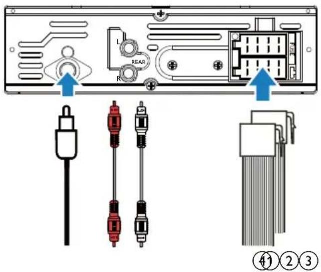 Diagram showing electronic device rear panel with labeled connectors and cable connections, including a connector pin and three red-and-black cables.