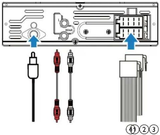 Diagram showing electronic device rear panel with labeled connectors and cable connections, including a connector pin and two red-and-black cables.