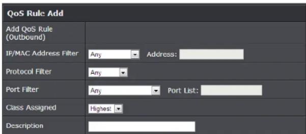QoS Rule Add Add QoS Rule (Outbound) IP/MAC Address Filter Any Address: Protocol Filter Any Port Filter Any Port List: Class Assigned Highest Description