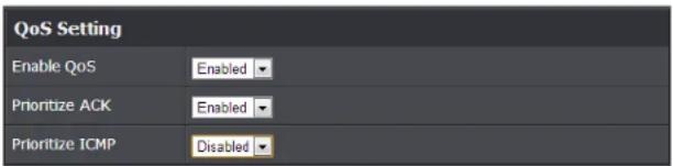 QoS Setting Enable QoS Enabled Prioritize ACK Enabled Prioritize ICMP Disabled
