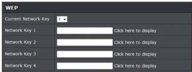 WEP Current Network Key 1 Network Key 1 Click here to display Network Key 2 Click here to display Network Key 3 Click here to display Network Key 4 Click here to display