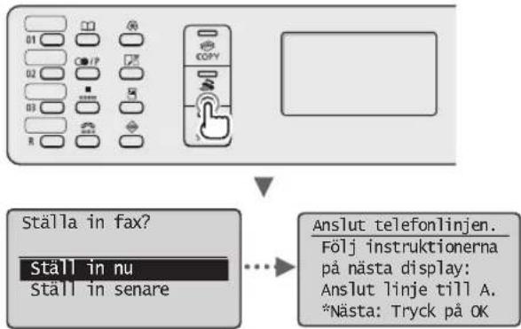graph TD A["Start"] --> B{Ställa in fax?} B --> C["Ställ in nu"] B --> D["Ställ in senare"] C --> E["Anslut telefonlinjen. Följ instruktionerna på nästa display: Anslut linje till A. *Nästa: Tryck på OK"]