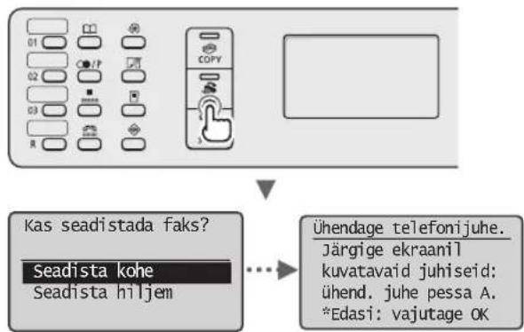 graph TD A["Kas seadistada faks?"] --> B["Seadista kohe\nSeadista hiljem"] B --> C["Ühendage telefonijuhe.\nJärgige ekraanil\nkuvatavaid juhiseid:\nühend. juhe pessa A.\n*Edasi: vajutage OK"]