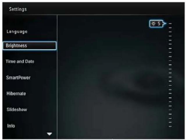 Settings Language Brightness Time and Date SmartPower Hibernate Slideshow Info