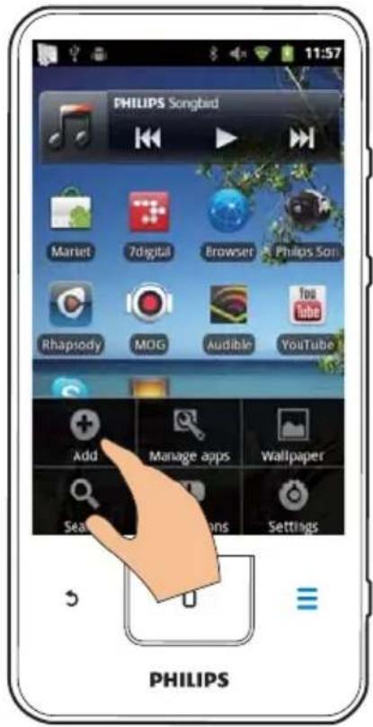 PHILIPS Songbird Market 7digital Browser Philips Son Rhapsody MOG Audible YouTube Add Manage apps Wallpaper Seal Ins Settings PHILIPS