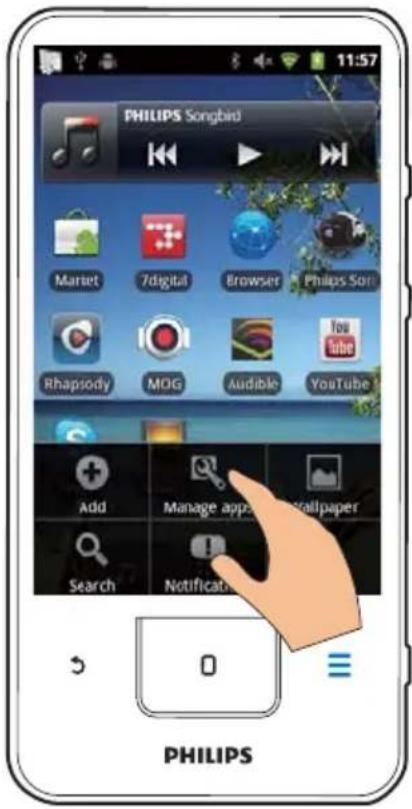 PHILIPS Songbird Martet 7digital Browser Philips Son Rhapsody MOG Audible YouTube Add Manage app/ wallpaper Search Notification PHILIPS
