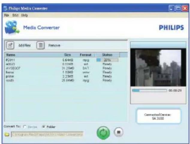 Philips Media Converter File Edit Help Media Converter Add Res Remove Name Size Format Status PC011 5.64MB mgg 20% w0023 0.11MB wt Ready AVSEQ0F 31.29MB DA1 Ready home 1.80MB wt Ready print 2.23MB wt Ready outh 25.64MB mgg Ready Connected Device: SA3100 00:00:29 Convert To: Device Folder C:\Program Files\Public\Media Converter