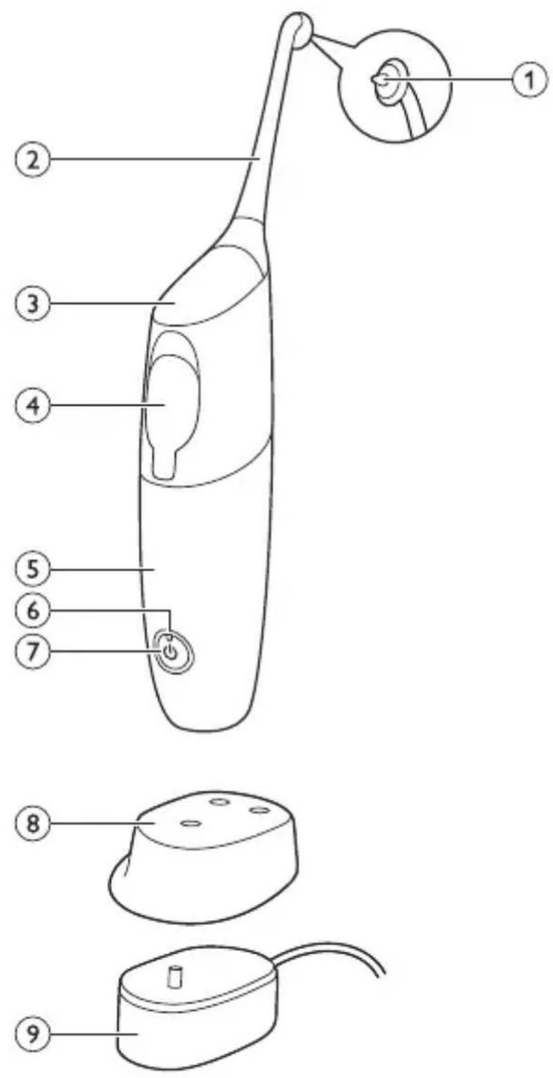 Diagram of a hand-operated electric shaver with numbered parts labeled for identification.