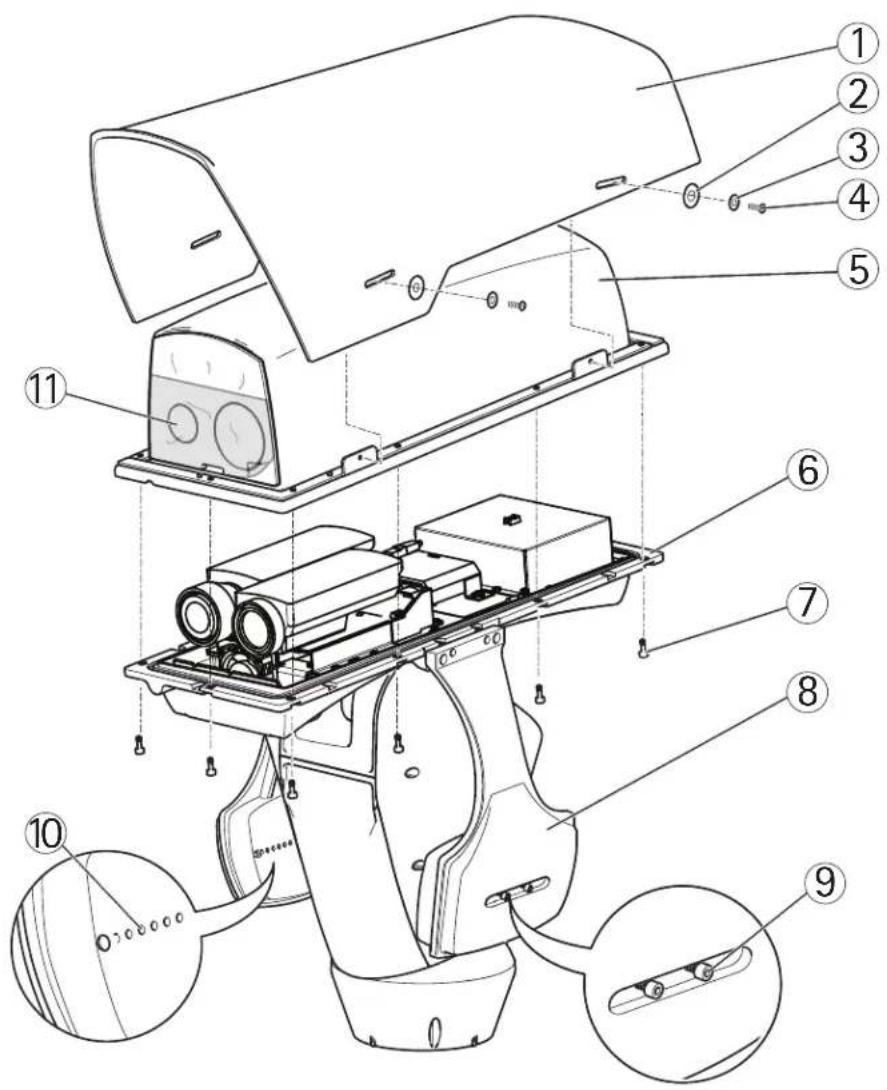 Technical diagram of a surveillance camera with numbered components for identification and assembly reference.