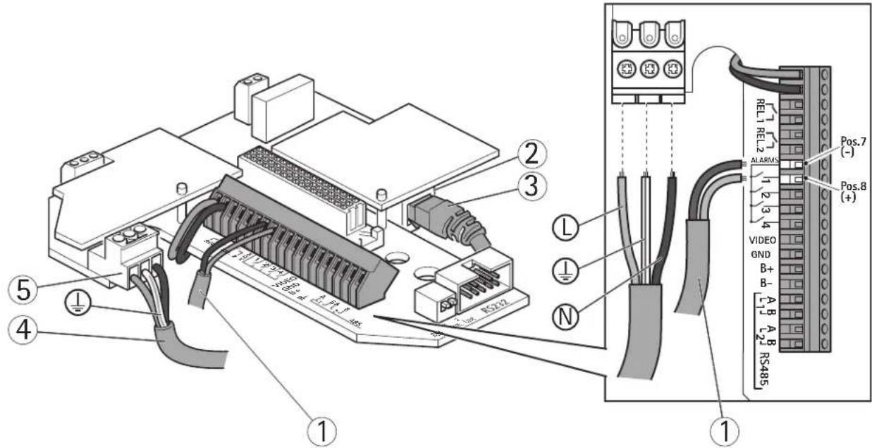 Technical diagram of an electronic device with labeled components and wiring connections