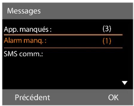 Messages App. manqués : (3) Alarm manq. : (1) SMS comm.: Précédent OK