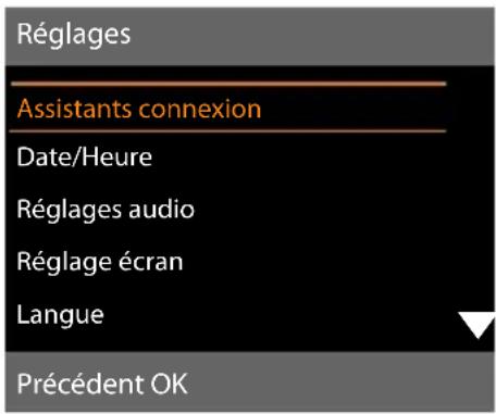 Réglages Assistants connexion Date/Heure Réglages audio Réglage écran Langue Précédent OK