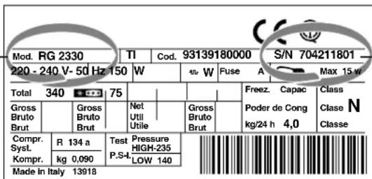 Mod. RG 2330, 220-240 V, 50 Hz, 150 W. TI Cod. 93139180000, S/N 704211801. W 4th W, Fuse A, Max 15 W. Total 340, 75, Freez. Capac, Class. Gross/Bruto/Brut, Net/Util/Utilie, Poder de Cong. kg/24 h 4,0, Clase N. Compr. Syst. Kompr. R 134 a, Test Pressure HIGH-235, P.S4- LOW 140. Made in Italy 13918.
