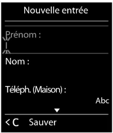 Nouvelle entrée Prénom : Nom : Téléph. (Maison) : Abc < C Sauver