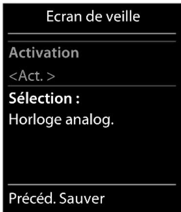 Ecran de veille Activation Sélection : Horloge analog. Précéd. Sauver