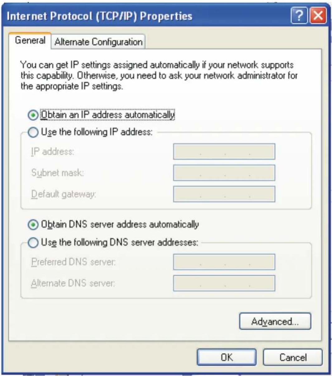 Internet Protocol (TCP/IP) Properties General Alternate Configuration You can get IP settings assigned automatically if your network supports this capability. Otherwise, you need to ask your network administrator for the appropriate IP settings. Obtain an IP address automatically Use the following IP address: IP address: ...... Subnet mask: ...... Default gateway: ...... Obtain DNS server address automatically Use the following DNS server addresses: Preferred DNS server: ...... Alternate DNS server: ...... Advanced... OK Cancel