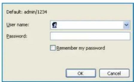 Default: admin/1234 User name: Password: Remember my password OK Cancel