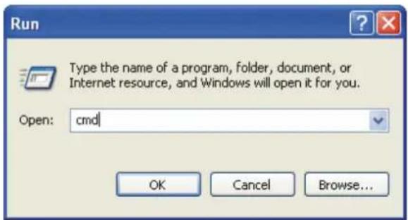 Run Type the name of a program, folder, document, or Internet resource, and Windows will open it for you. Open: cmd OK Cancel Browse...