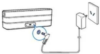 Diagram showing a wall-mounted air conditioner connected to a power outlet via a cable, with a magnified view of the device's cable connection.