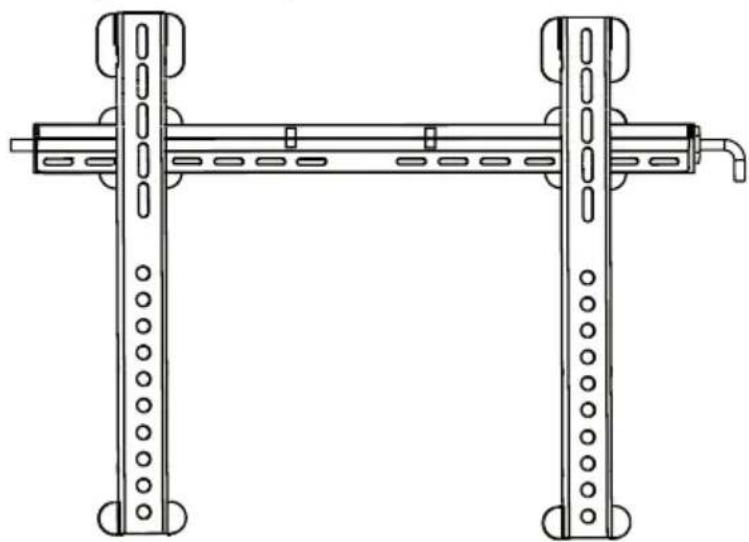 Technical line drawing of a mechanical support frame with mounting holes and a pipe fitting (no text or symbols)