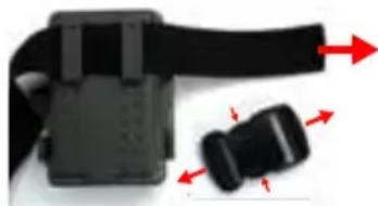 Close-up of a black plastic buckle with red directional arrows indicating movement or alignment (no text or symbols visible)