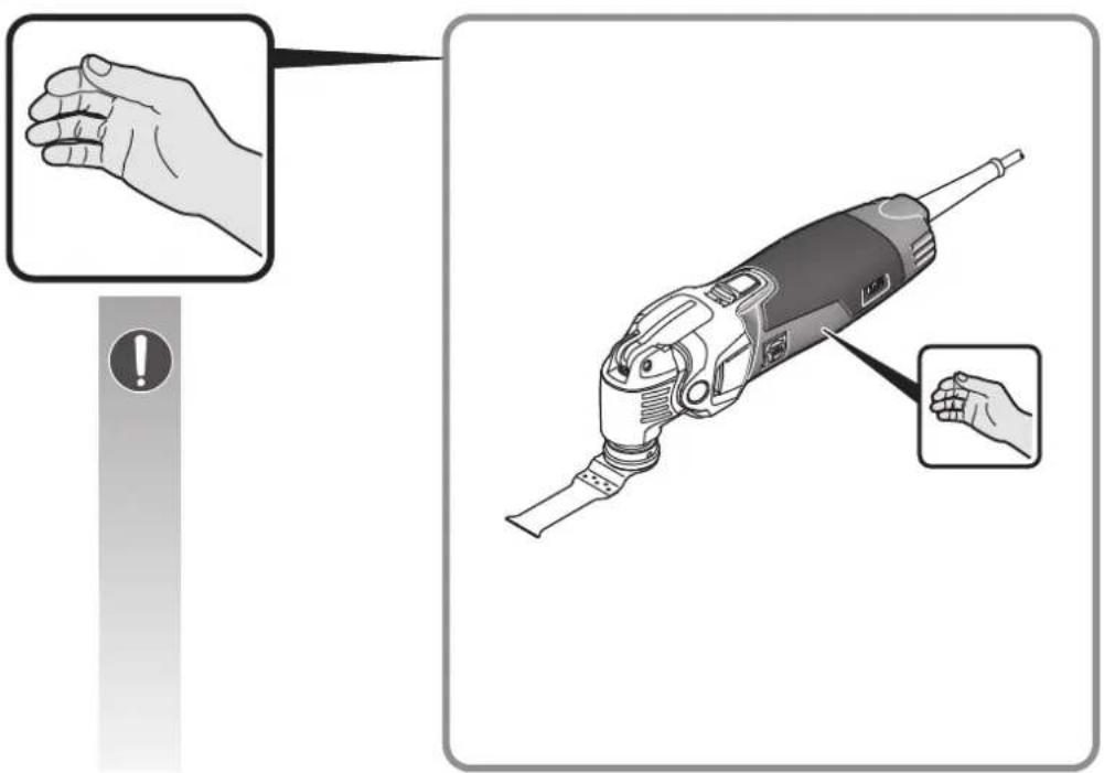Illustration showing a hand holding a power tool with warning labels and a close-up of the tool's tip.