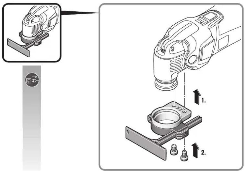 Technical diagram showing a robotic arm tool interacting with a mechanical component, labeled with steps 1 and 2.