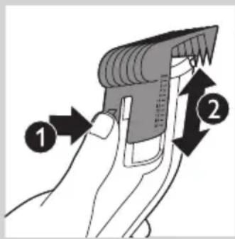 Diagram showing a hand holding a device with two labeled arrows indicating directional movement or process steps.